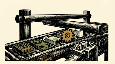 China export controls on dual-use items: a heavy industrial barrier gate positioned over a conveyor belt carrying electronic and mechanical components.