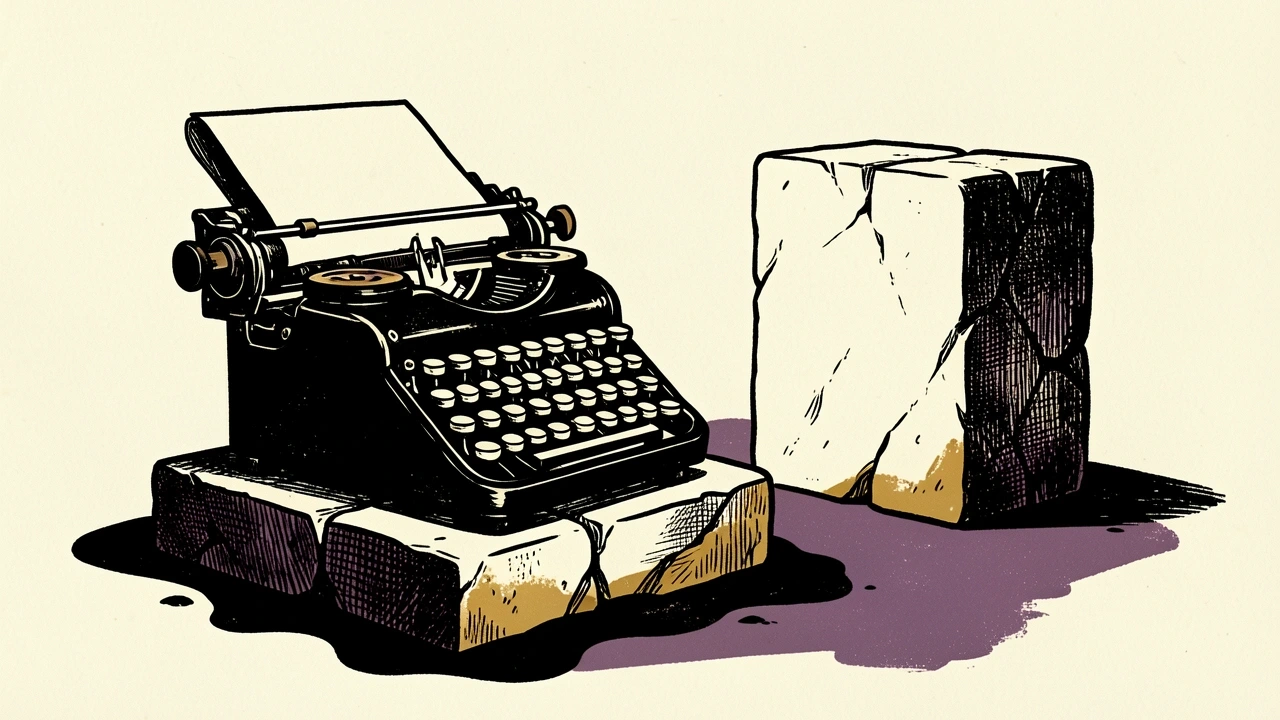 Thomson Reuters stock underperforming the TSX: a heavy typewriter on a sinking stone plinth next to a taller, stable market block.