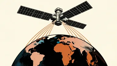 HawkEye 360 secures international contracts: a satellite in orbit emitting signal waves toward multiple regions on a stylized globe.