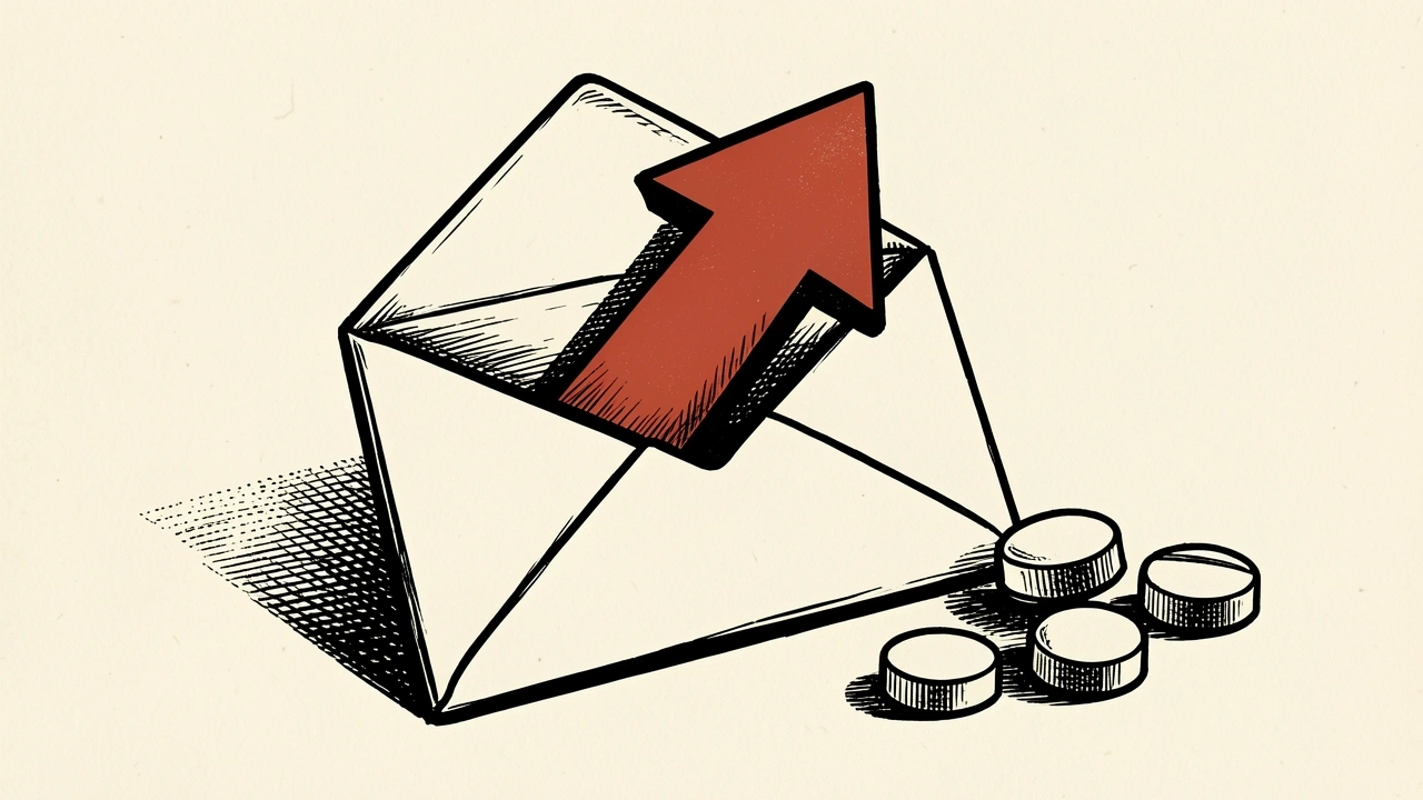 Humana's stock surge is represented by an envelope with an upward arrow and a few pills, symbolizing the Medicare Advantage rating boost.