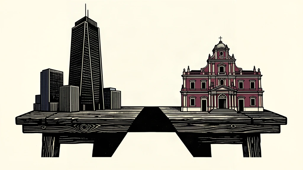 An editorial illustration showing a modern U.S. skyscraper and a historic Mexican government building facing each other across a table, connected by a single dark path.