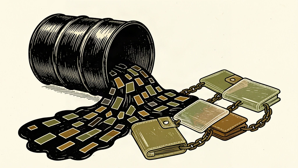 An editorial illustration showing a stream of oil from a barrel turning into digital blocks that fill a network of chained wallets.