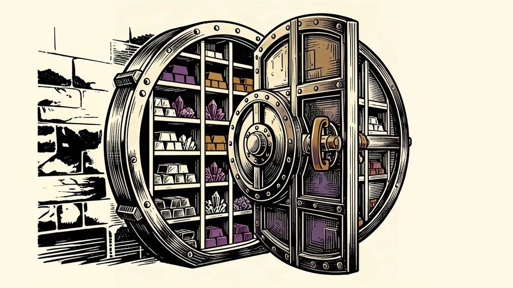 A large open vault door reveals a stockpile of raw minerals and metal ingots stored in secure compartments.