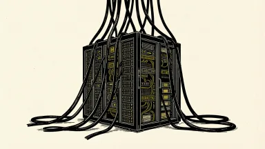 Asian equities under pressure from AI spending concerns: a large server rack with heavy cables pulling on its frame.
