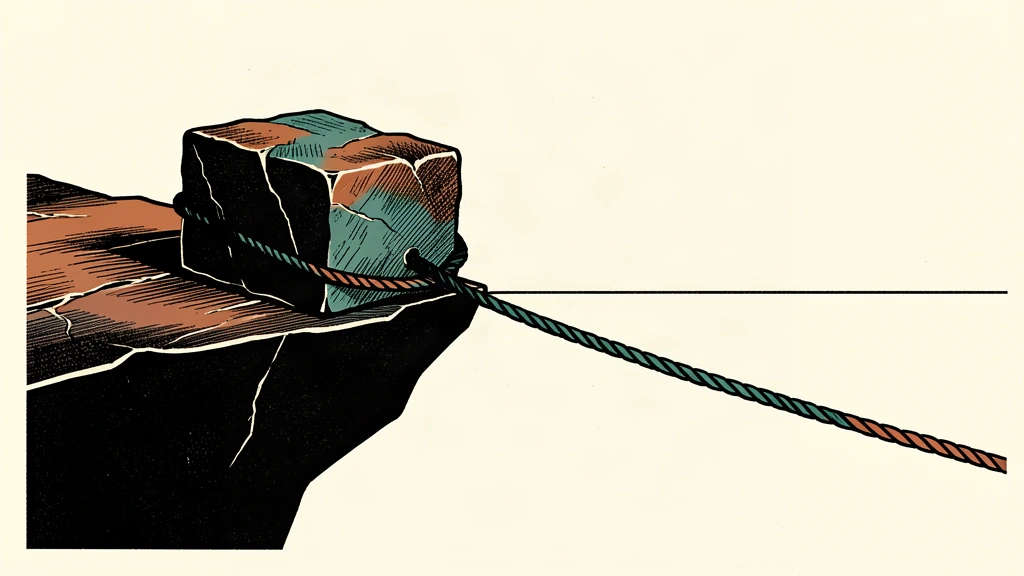 A heavy stone block is being pulled by a taut rope around a sharp corner from a precarious ledge toward a stable surface.