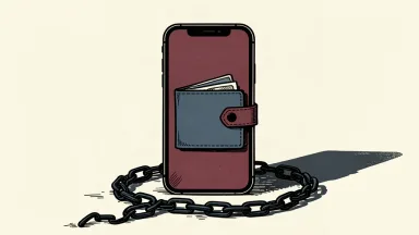 A smartphone stands alone with a broken chain lying at its base, representing a standalone corporate strategy.