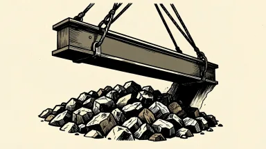 Posco Holdings facing downside risk from weak lithium prices: a heavy steel beam suspended over a receding pile of lithium mineral rocks.