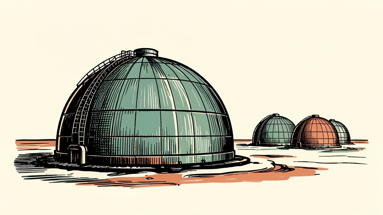 Natural gas futures settle lower, depicted by deflated storage tanks on a plain.