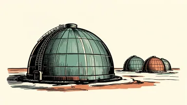 Natural gas futures settle lower, depicted by deflated storage tanks on a plain.