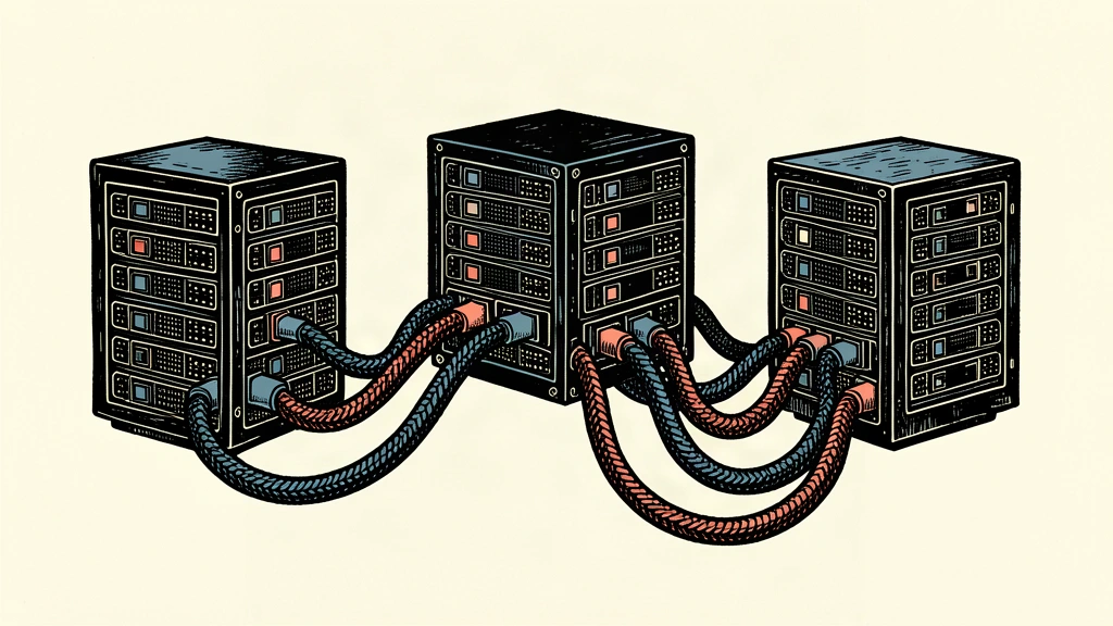 Three industrial server racks are connected by flexible, heavy-duty cables in a minimalist composition.