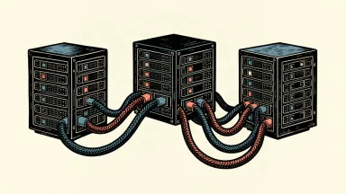Three industrial server racks are connected by flexible, heavy-duty cables in a minimalist composition.