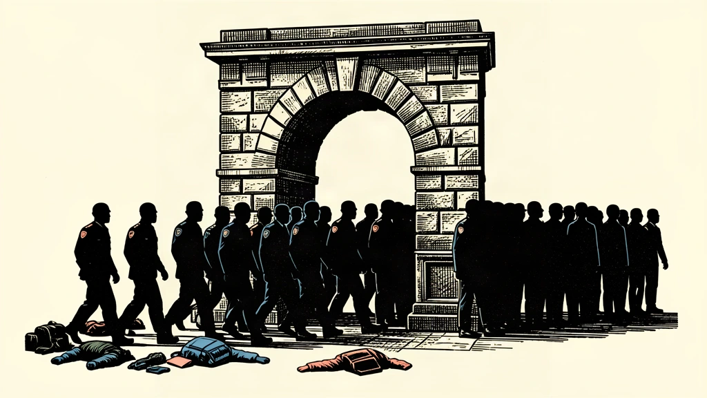 An editorial illustration showing a line of silhouetted soldiers shedding their gear to pass through a massive stone archway, representing the integration of a militia into state institutions.