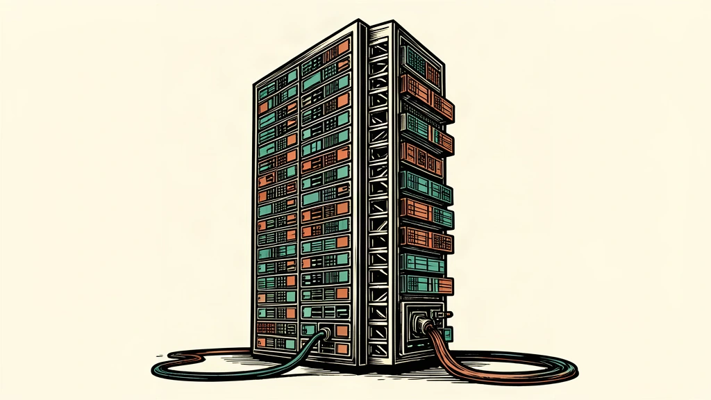 An editorial illustration showing a server rack expanding in size and complexity while connected to a single, unchanging power cable, representing increased compute capacity within a fixed energy budget.