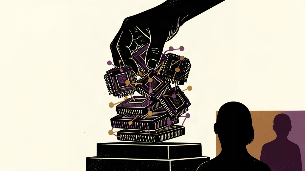 A silhouette of a large hand grasping a stack of large semiconductor chips and network icons to represent a significant purchase in the tech sector.