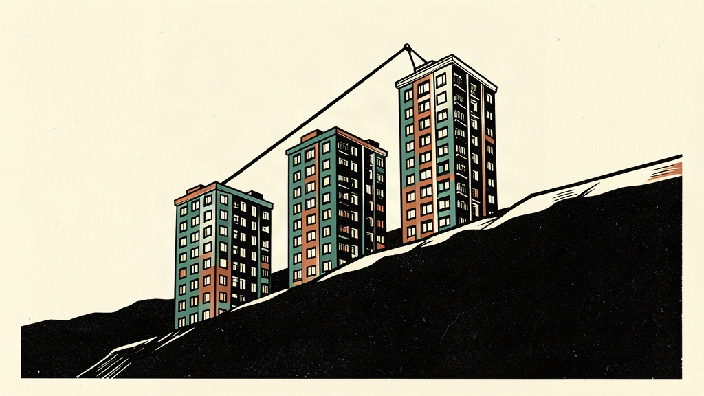 An editorial illustration showing residential towers being winched up a steep slope by a heavy cable, representing the slow easing of a price decline.