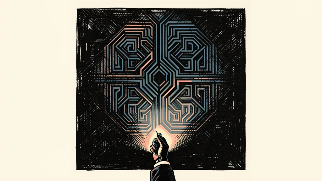 An editorial illustration showing a hand with a lantern trying to illuminate a vast, dark, and complex circuit board.