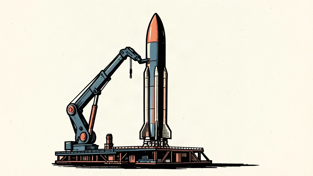 A vertical rocket on a launchpad with a mechanical arm lifting away to show a higher clearance.