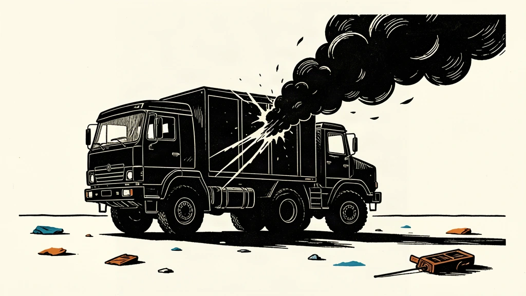 An editorial illustration of a damaged military truck with smoke rising from a side impact, representing a reported attack.
