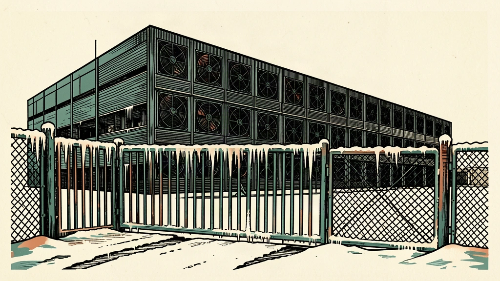 A partially built data center is seen behind a frozen, locked gate, representing infrastructure delays and the Texas freeze.
