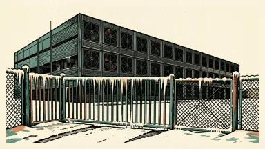 A partially built data center is seen behind a frozen, locked gate, representing infrastructure delays and the Texas freeze.