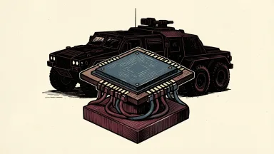 Navitas semiconductor development for the U.S. Army: a large silicon carbide power chip supporting the silhouette of an armored military vehicle.