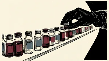 ArriVent BioPharma clinical study consistency: a gloved hand aligns a new medical vial with a row of identical glass containers.