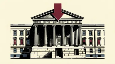 Bank of America shares drop; a red arrow points down over a bank building.
