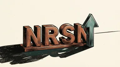 NeuroSense Therapeutics regains compliance; a bronze NRSN symbol with a steel upward arrow on a dark surface.