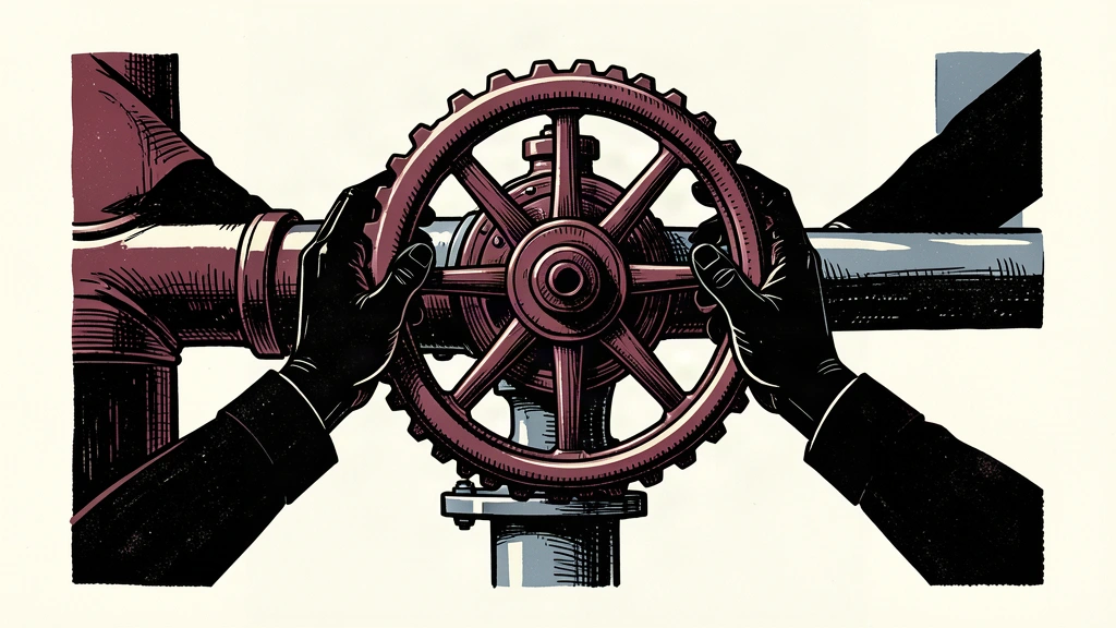 An editorial illustration showing two sets of hands jointly turning a large industrial valve on a pipeline, representing a partnership deal over energy infrastructure.