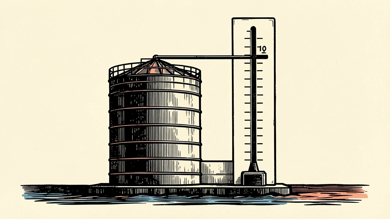 US oil demand forecast remains steady: an industrial oil storage tank stands next to a measuring gauge with a level marker aligned to a fixed line.