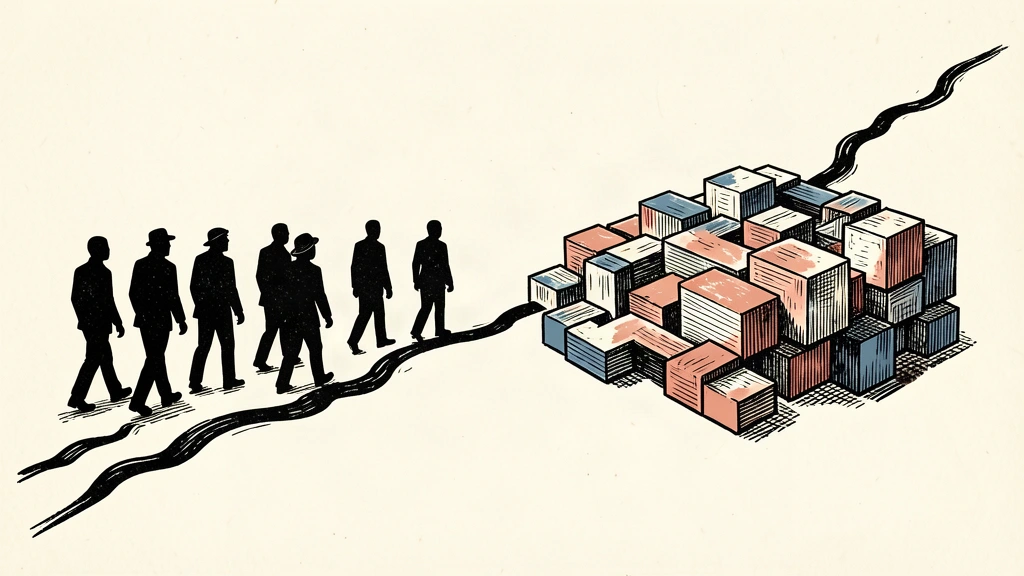 An editorial illustration showing a group of silhouettes withdrawing from a heavy black line on the ground toward a waiting structure of geometric blocks.