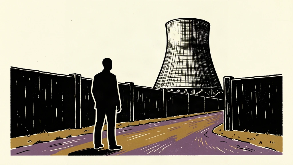 An editorial illustration showing a silhouette blocked by a heavy barrier from reaching a nuclear cooling tower.