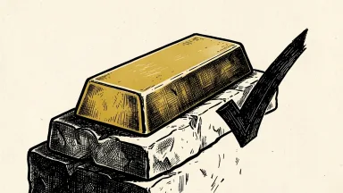 IAMGOLD receives a buy rating: a large gold bar sits on a stone pedestal next to a bold checkmark.