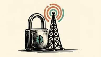 Gen Digital's acquisition offer for GoDaddy: a large open padlock reaching to hook around a tall web infrastructure tower.