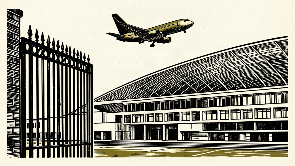 An editorial illustration showing a large gate opening toward the United Nations building as a plane arrives.