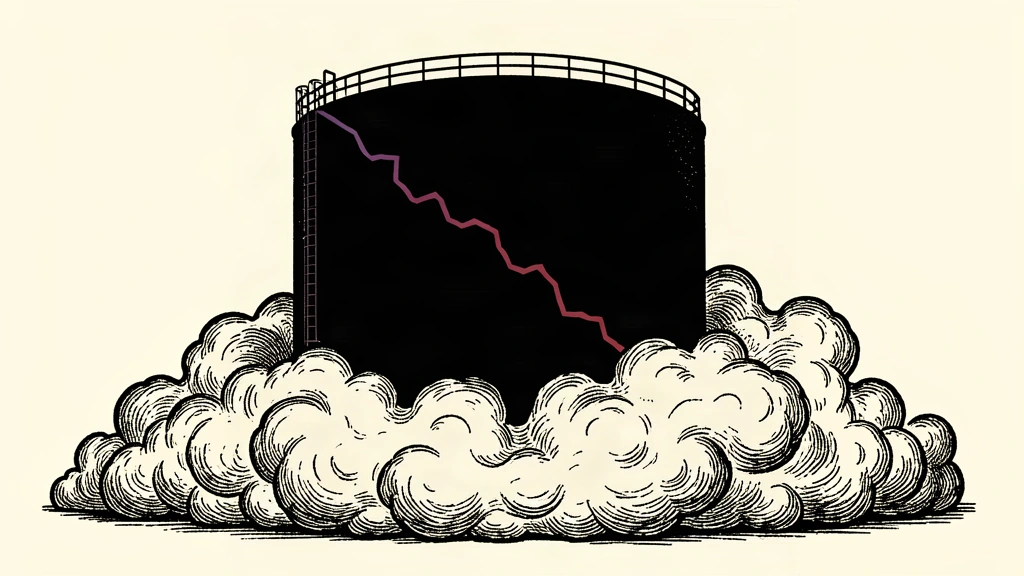 An oil storage tank is partially hidden by a thick, swirling fog, representing the inability to model the market's future.