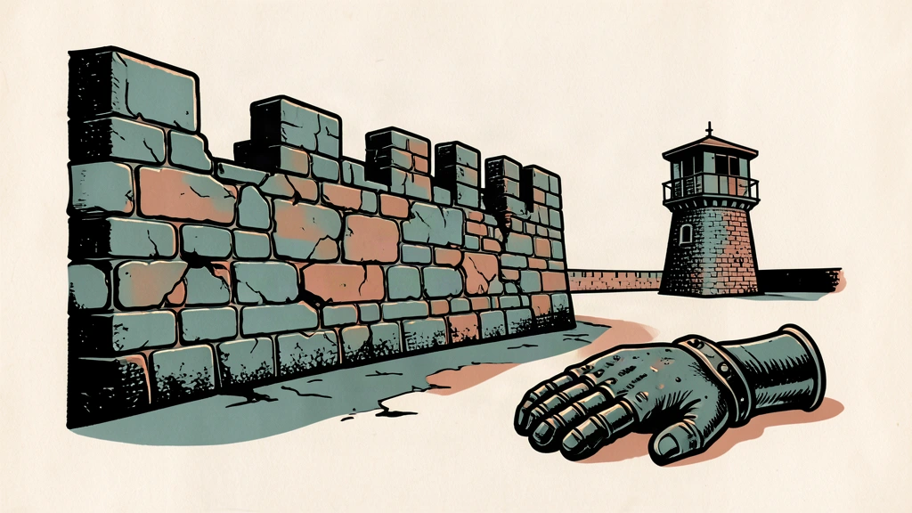 A linocut illustration of a cracked stone wall and a heavy iron gauntlet on an open ivory background, symbolizing defense readiness concerns.
