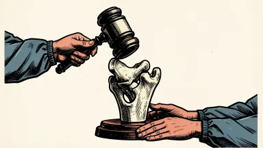 Stryker CEO succession: a large medical joint implant stands between two sets of hands in surgical scrubs, one holding a gavel.