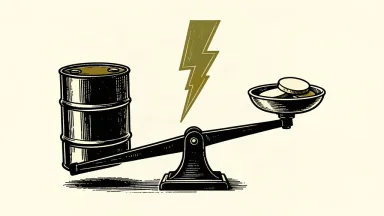An editorial illustration showing a heavy oil barrel outweighing a small bowl of blank discs on a scale, with a jagged lightning bolt striking the pivot to represent rising volatility.