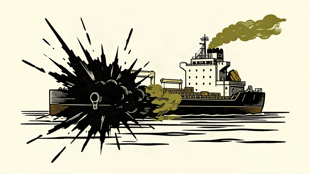 An editorial illustration of an oil tanker at sea with a dark, jagged explosion and smoke plume erupting from its side.