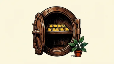 Fifth Third Bancorp's quarterly results are shown as an open bank vault with gold ingots and a small plant, symbolizing steady financial growth.