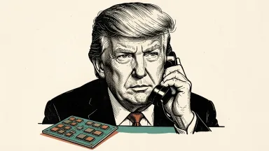 Donald Trump speaking on a telephone with a silicon microchip wafer in the foreground. Identity photo references adapted into illustration: Daniel Torok (Public domain; https://commons.wikimedia.org/wiki/File:Official_Presidential_Portrait_of_President_Donald_J._Trump_(2025).jpg); source https://commons.wikimedia.org/wiki/File:Official_Presidential_Portrait_of_President_Donald_J._Trump_(2025).jpg