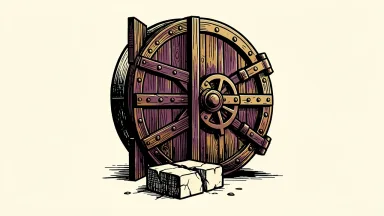 Coastal Financial faces a securities class action; a bank vault door stands ajar with a cracked stone block before it.