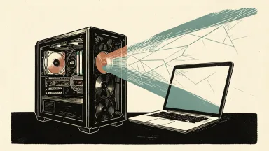 Microsoft RTX Spark machines with Nvidia chips competing with Apple: a powerful desktop workstation outpaces a laptop on a track using light beams.