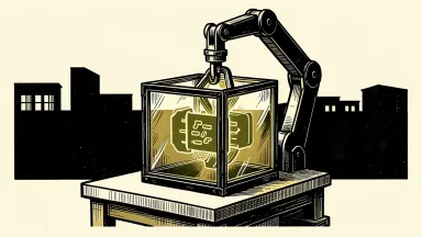 GitLab software governance: a code bracket icon is placed into a secure glass enclosure on an industrial assembly line.