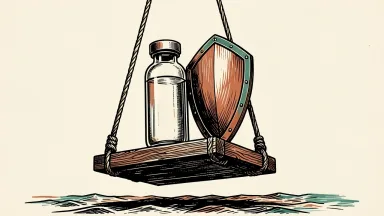 Vaxcyte stock rises following positive pneumonia vaccine trial results: a medical vial and a protective shield are hoisted upward on a wooden platform.
