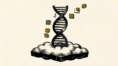 MitoCareX drug discovery on Google Cloud: a DNA helix rising from a geometric cloud platform surrounded by floating data tiles.