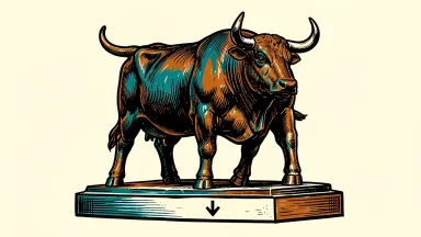 JP Morgan lowers Charles Schwab price target; a bronze bull statue on a pedestal with a downward arrow.