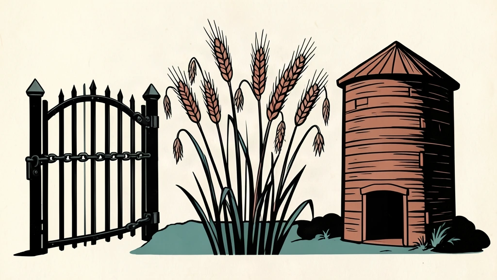 Linocut illustration of dry wheat stalks between a chained gate and an empty silo.