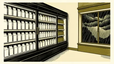 ReposiTrak dairy merchandising program: a perfectly stocked refrigerator case of milk cartons inside a store while a storm is visible through a window.